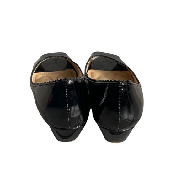 VANGELO DONNA Black Patent Leather Slip-On Wedge Peep Toe Shoes Scalloped 9 - Picture 8 of 15
